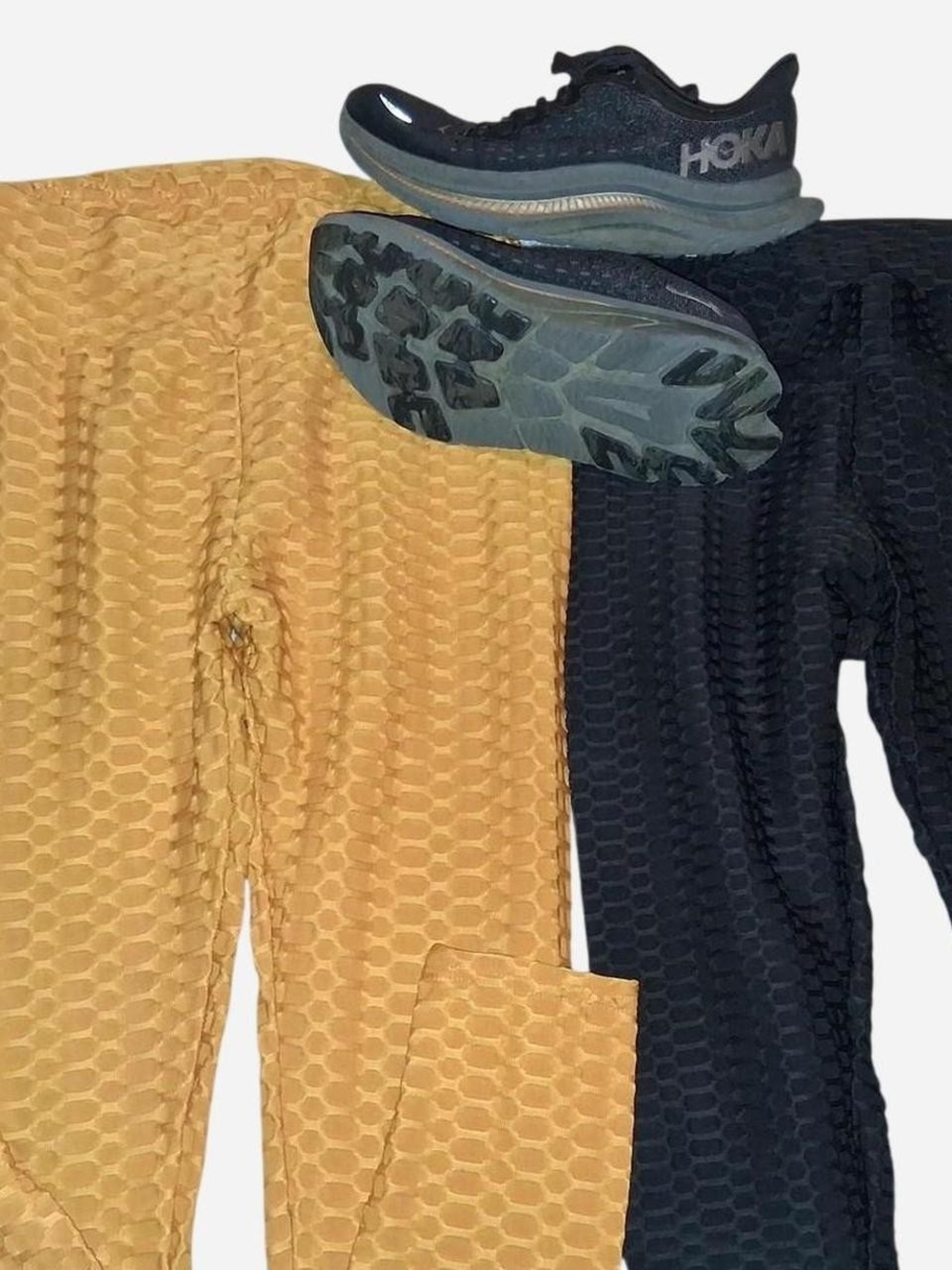 Hoka Black  Active Shoes, Capri Joggers Black, And Long Gold Joggers